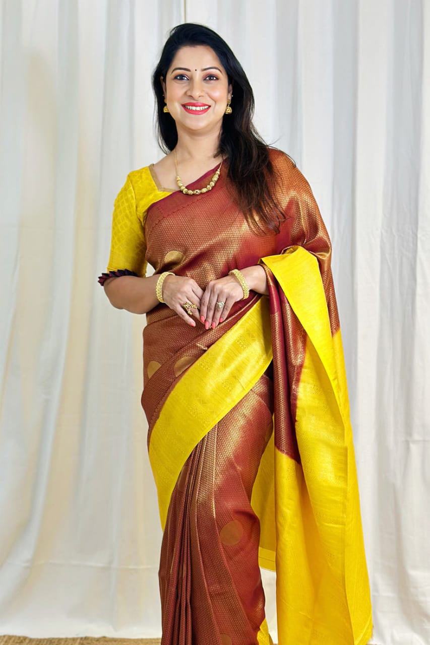 Radiating Yellow Color Soft Lichi Silk Saree With Blouse Piece