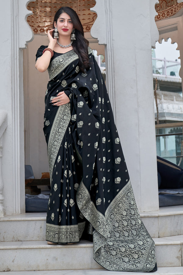 Stimulating Black Color Soft Lichi Silk Saree With Blouse Piece