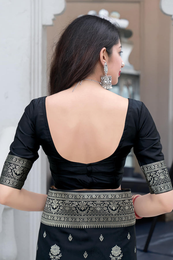 Stimulating Black Color Soft Lichi Silk Saree With Blouse Piece