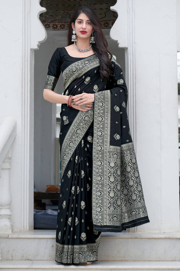 Stimulating Black Color Soft Lichi Silk Saree With Blouse Piece