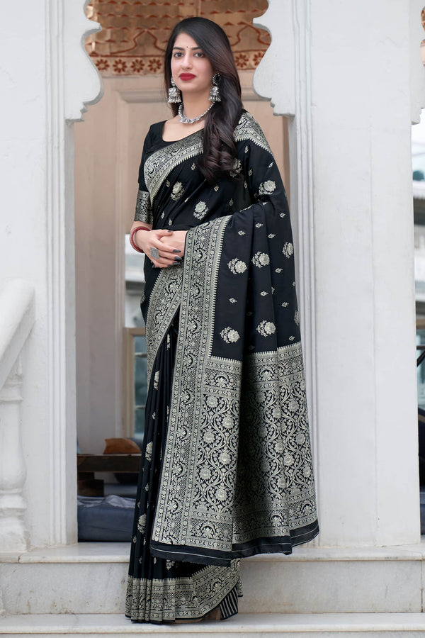 Stimulating Black Color Soft Lichi Silk Saree With Blouse Piece