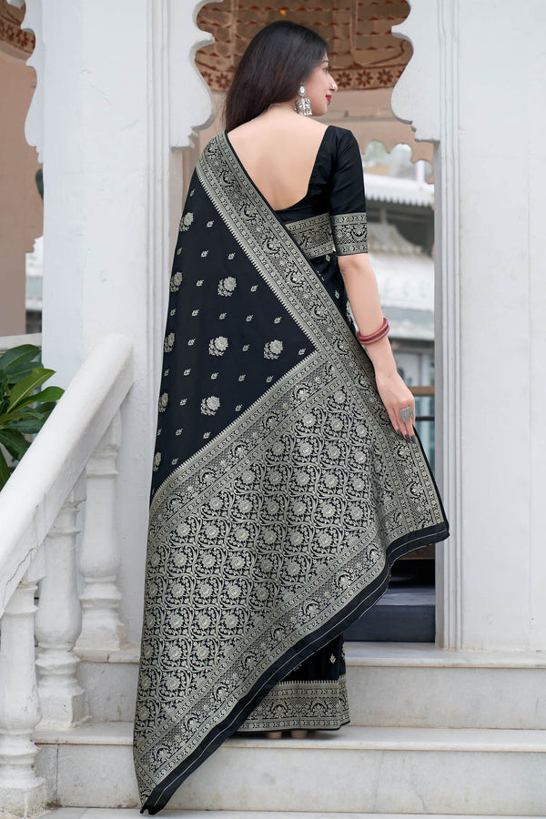 Stimulating Black Color Soft Lichi Silk Saree With Blouse Piece