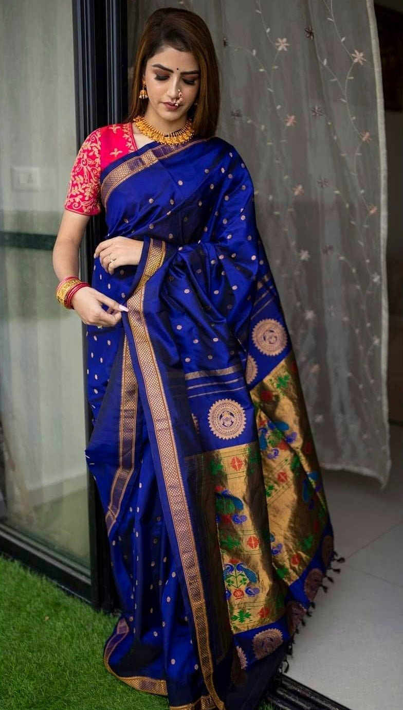 Angelical Royal Blue Color Paithani Silk Saree With Blouse Piece