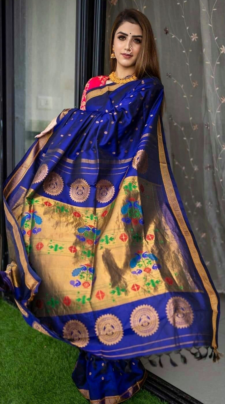 Angelical Royal Blue Color Paithani Silk Saree With Blouse Piece