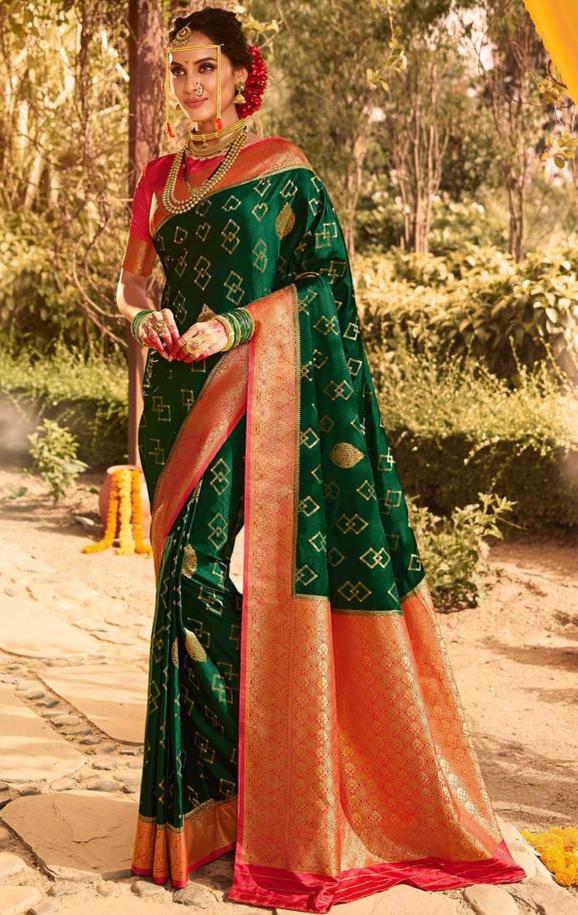 Shimmering Dark Green Color Soft Lichi Silk Saree With Blouse Piece