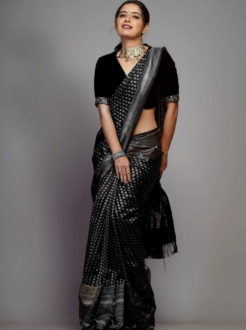 Whimsical Black Color Soft Lichi Silk Saree With Blouse Piece