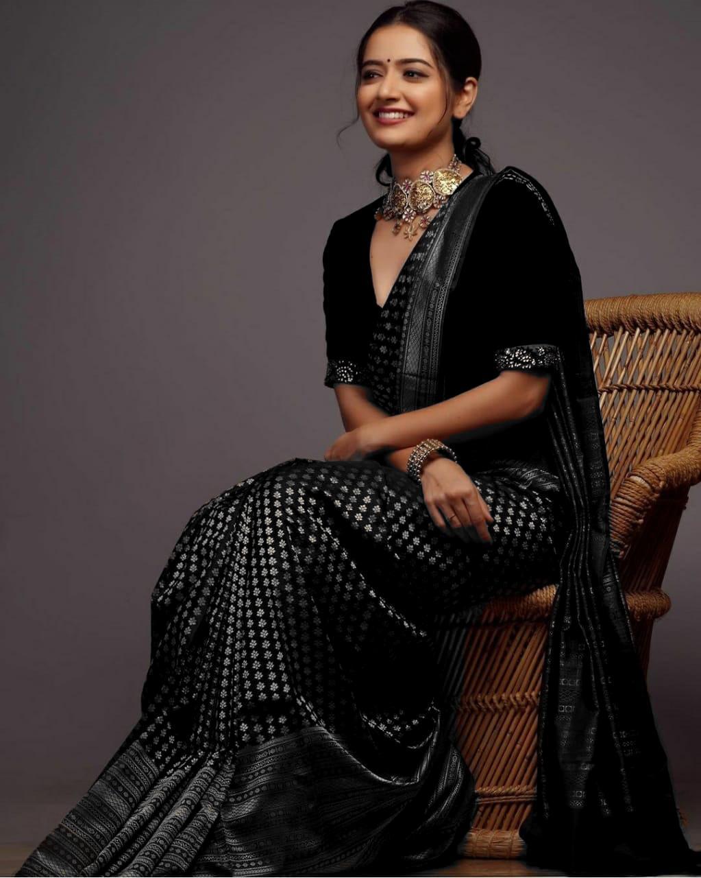 Whimsical Black Color Soft Lichi Silk Saree With Blouse Piece