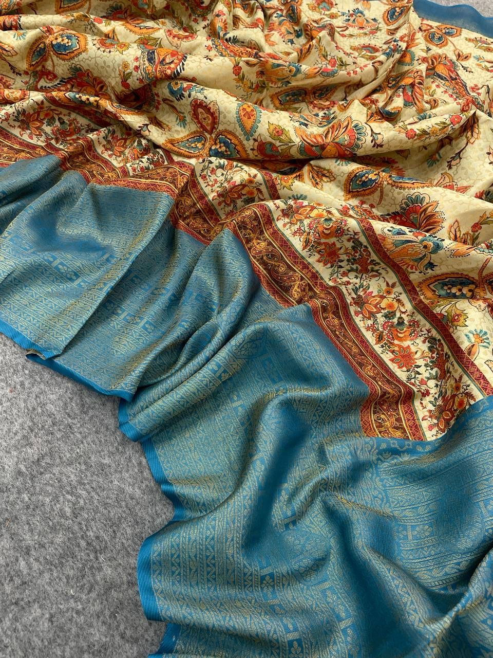 Twinkly Beige Color Digital Printed Soft Silk Saree With Blouse Piece