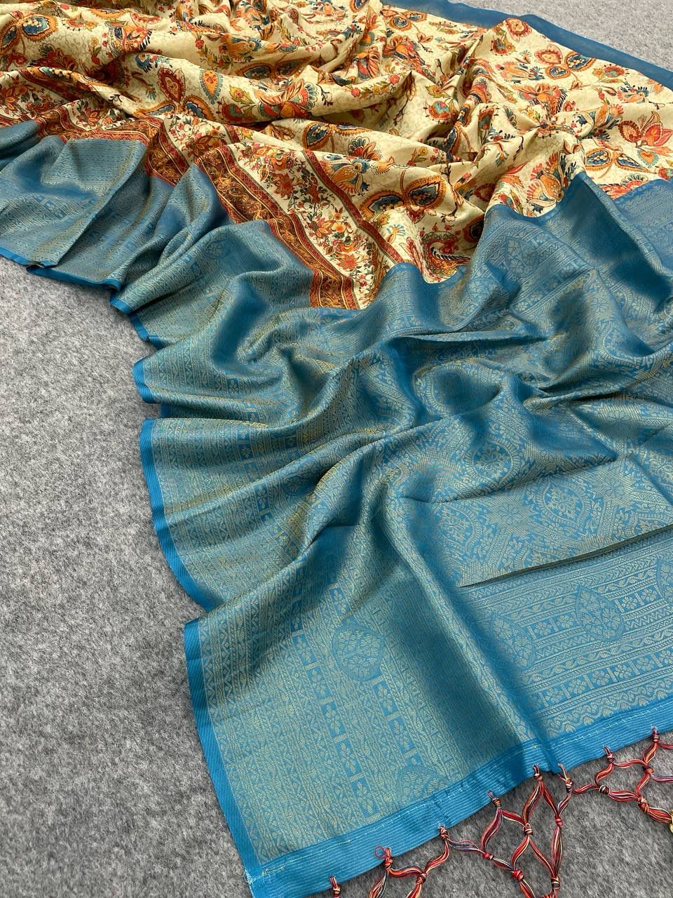 Twinkly Beige Color Digital Printed Soft Silk Saree With Blouse Piece