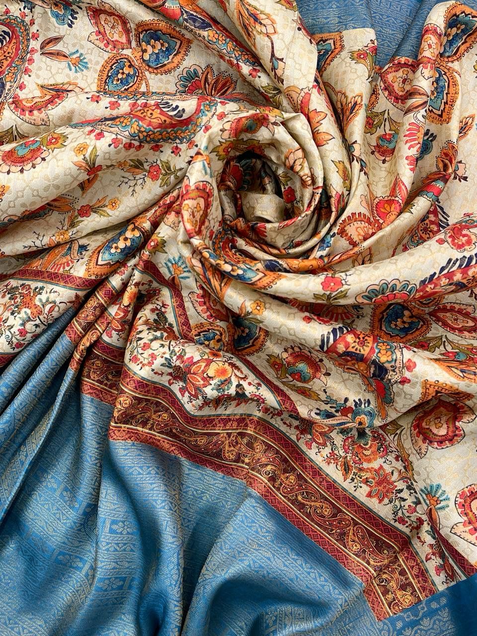 Twinkly Beige Color Digital Printed Soft Silk Saree With Blouse Piece