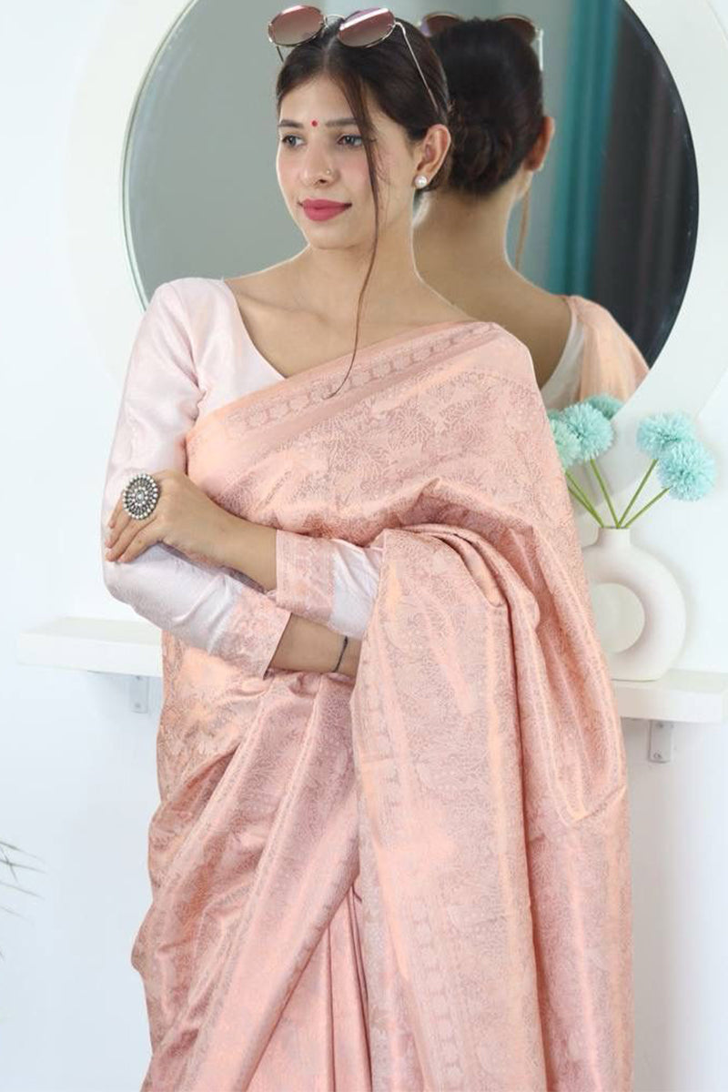 Sparkling Baby Pink Color Kanjivaram Silk Saree With Blouse Piece