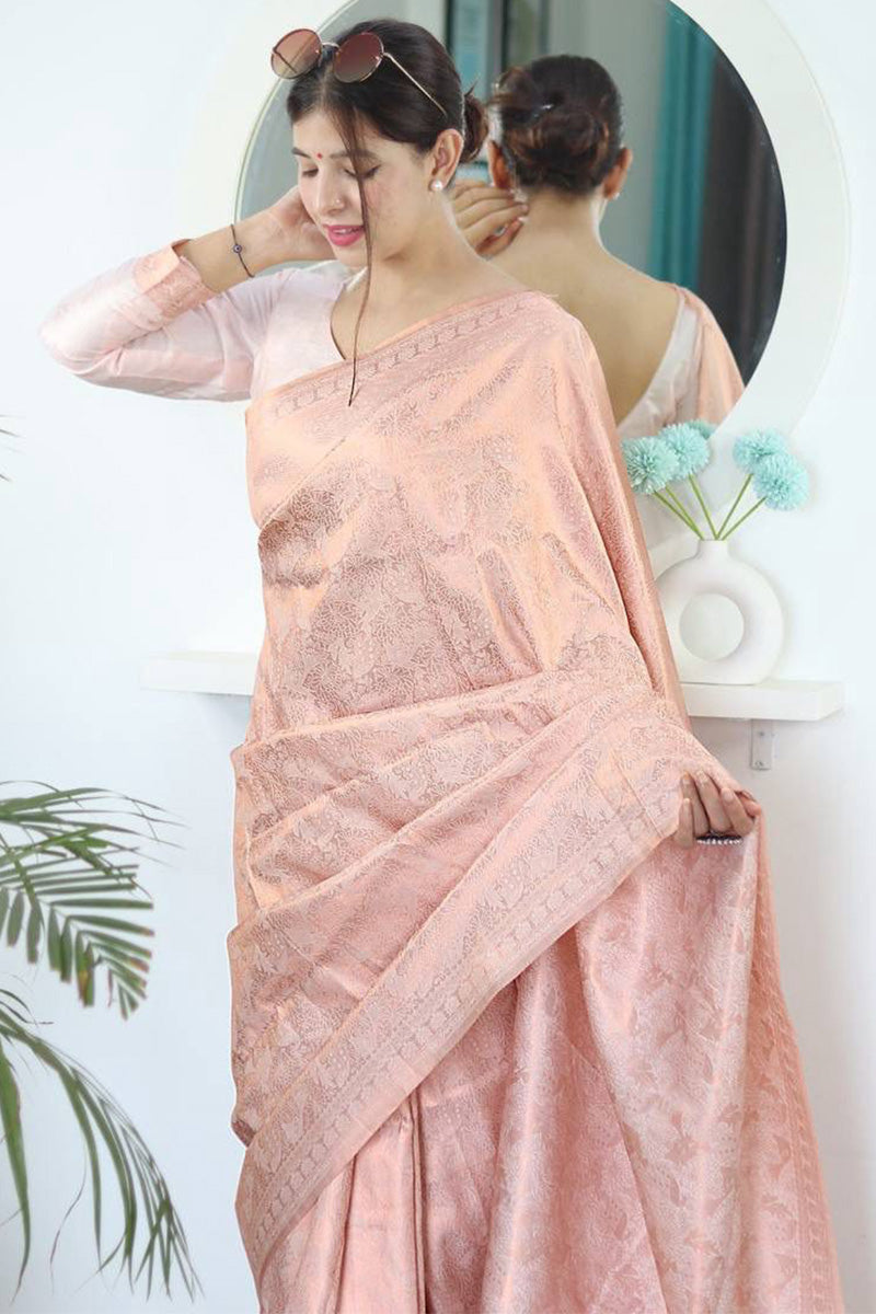 Sparkling Baby Pink Color Kanjivaram Silk Saree With Blouse Piece