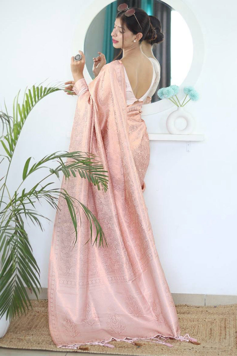 Sparkling Baby Pink Color Kanjivaram Silk Saree With Blouse Piece