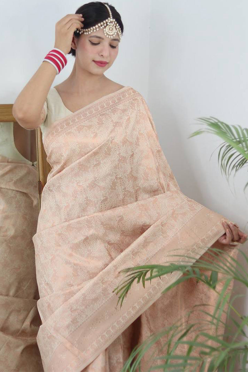 Shimmery Beige Color Kanjivaram Silk Saree With Blouse Piece