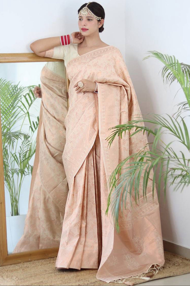 Shimmery Beige Color Kanjivaram Silk Saree With Blouse Piece