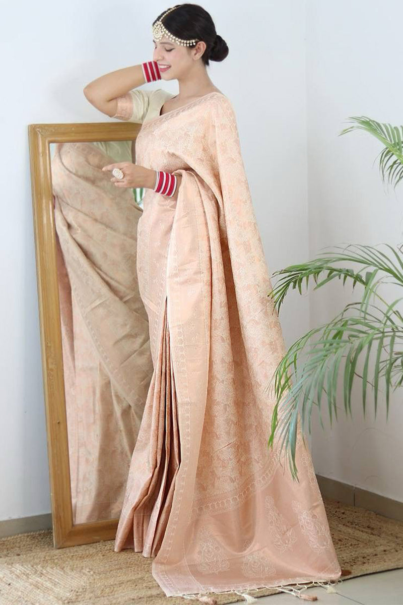 Shimmery Beige Color Kanjivaram Silk Saree With Blouse Piece