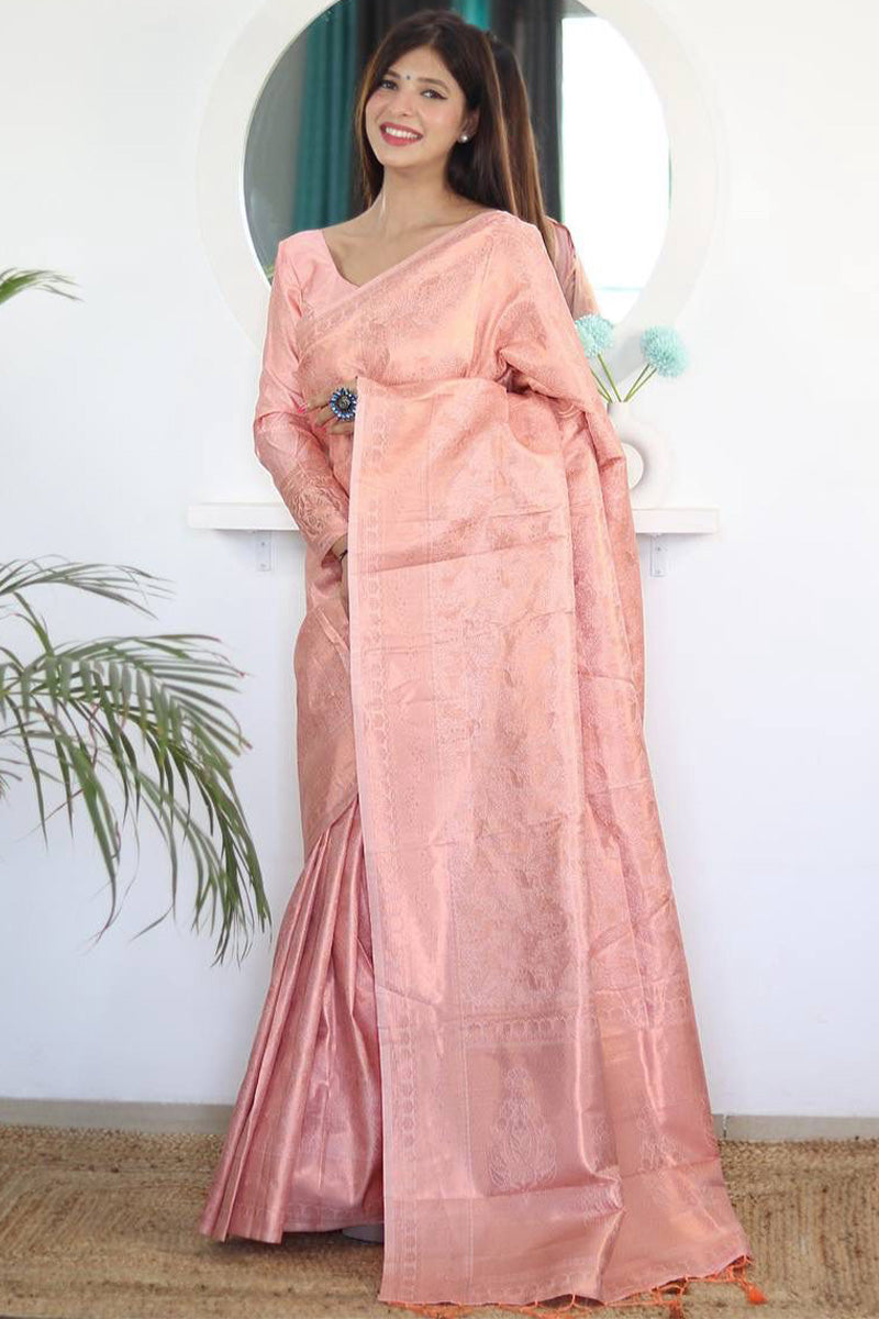 Opulent Peach Color Kanjivaram Silk Saree With Blouse Piece