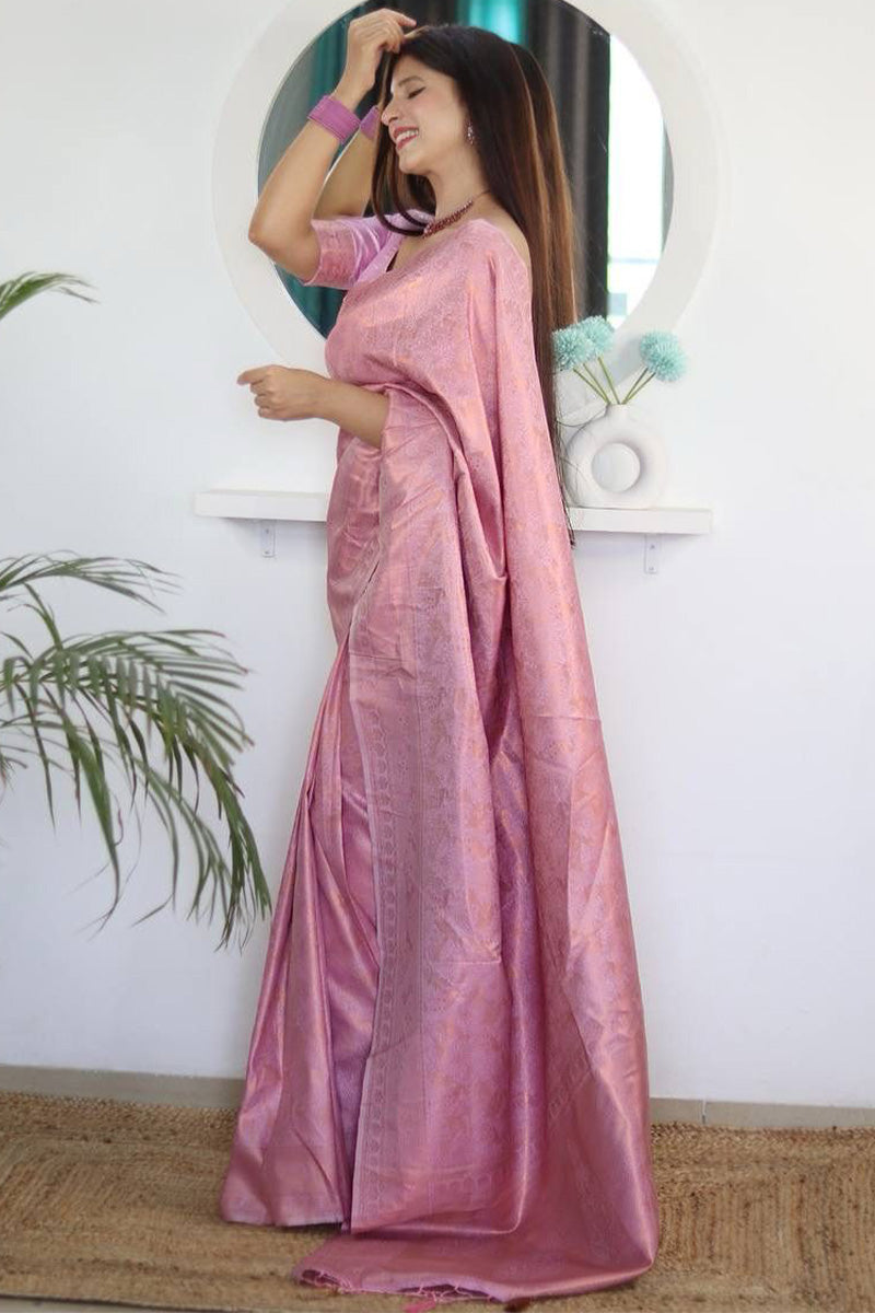 Divine Pink Color Kanjivaram Silk Saree With Blouse Piece