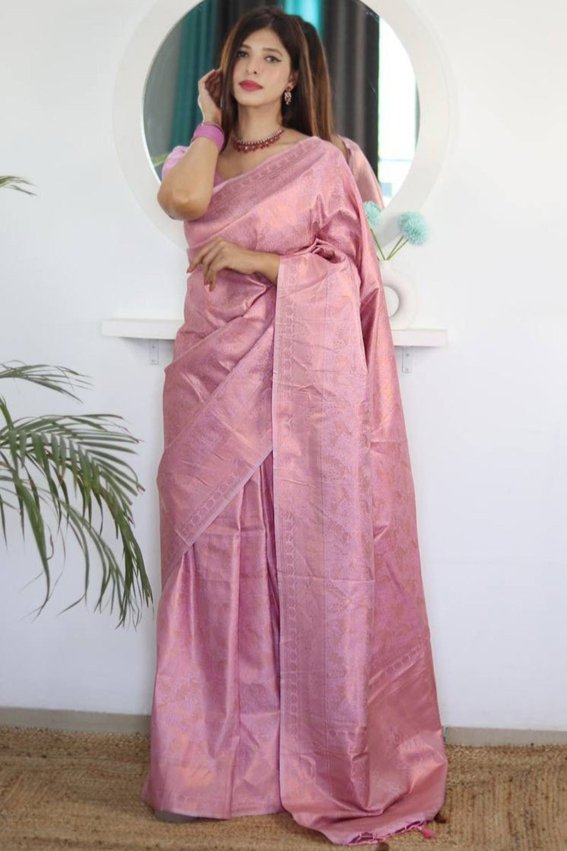 Divine Pink Color Kanjivaram Silk Saree With Blouse Piece