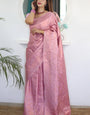 Divine Pink Color Kanjivaram Silk Saree With Blouse Piece