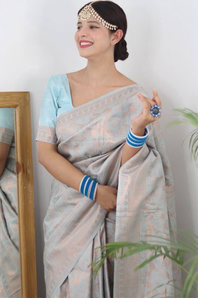 Arousing Sky Blue Color Kanjivaram Silk Saree With Blouse Piece