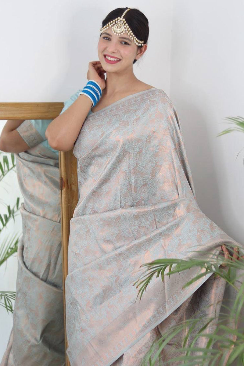 Arousing Sky Blue Color Kanjivaram Silk Saree With Blouse Piece