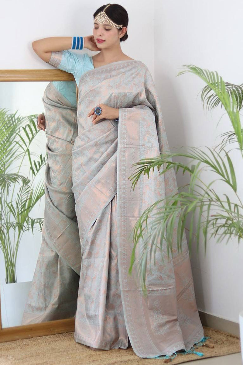 Arousing Sky Blue Color Kanjivaram Silk Saree With Blouse Piece