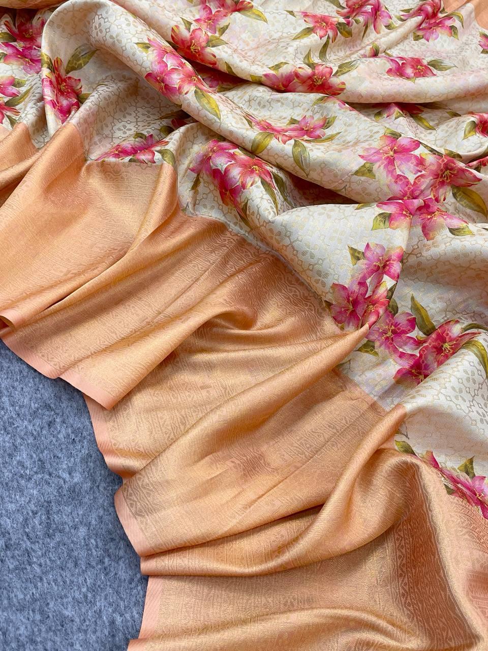 Scintillating Beige Color Digital Printed Soft Silk Saree With Blouse Piece