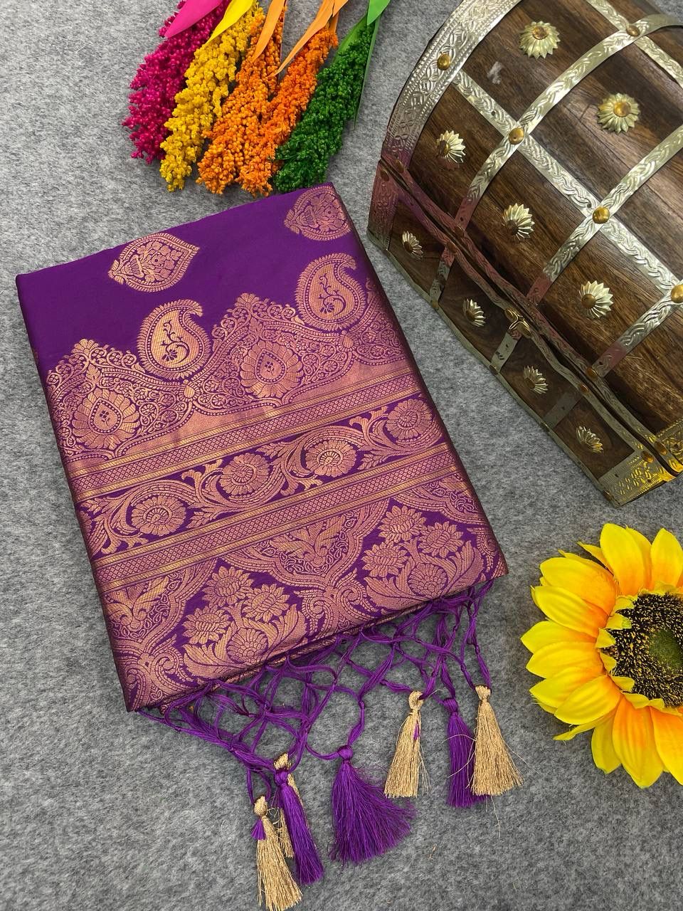 Glamorous Purple Color Banarasi Soft Silk Saree With Blouse Piece