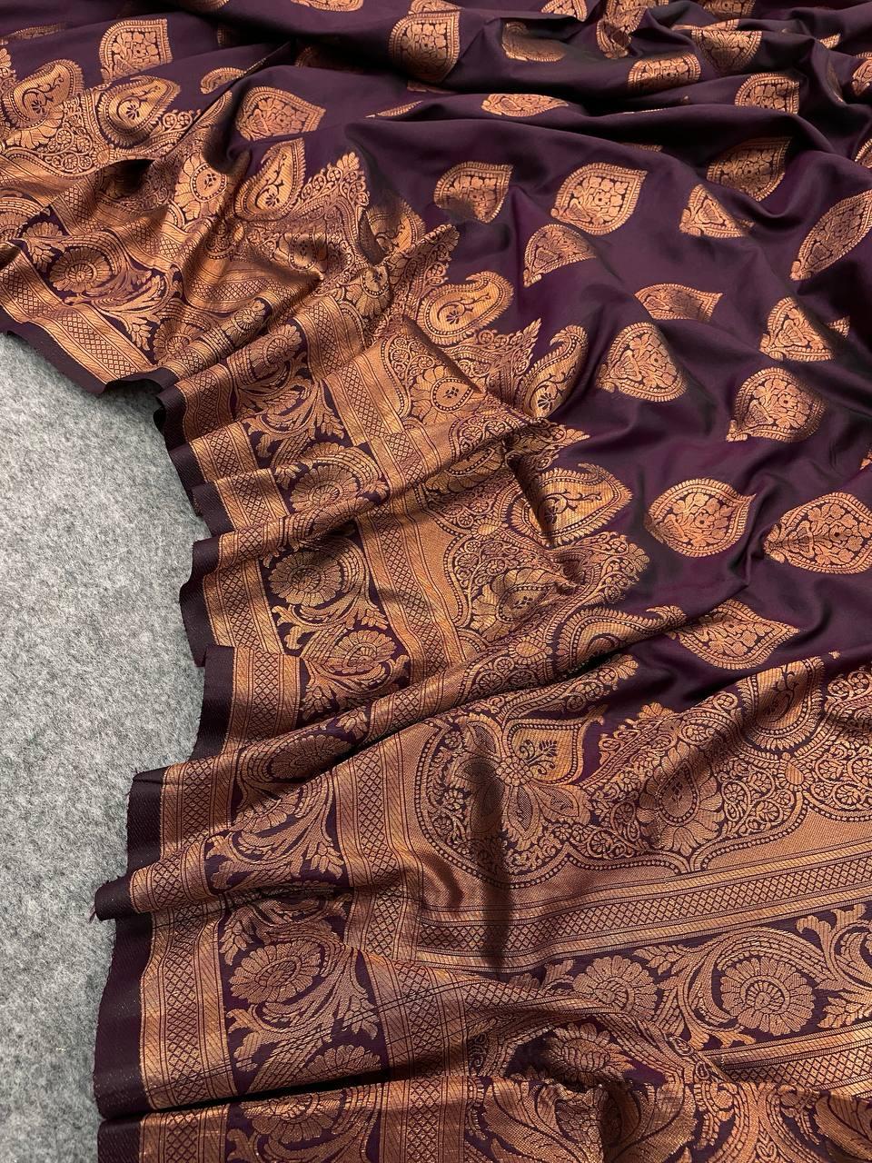 Exquisite Wine Color Banarasi Soft Silk Saree With Blouse Piece