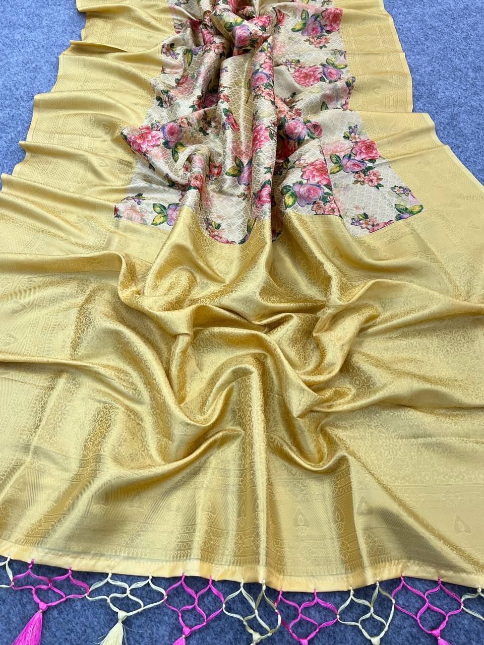 Resplendent Beige Color Digital Printed Soft Silk Saree With Blouse Piece