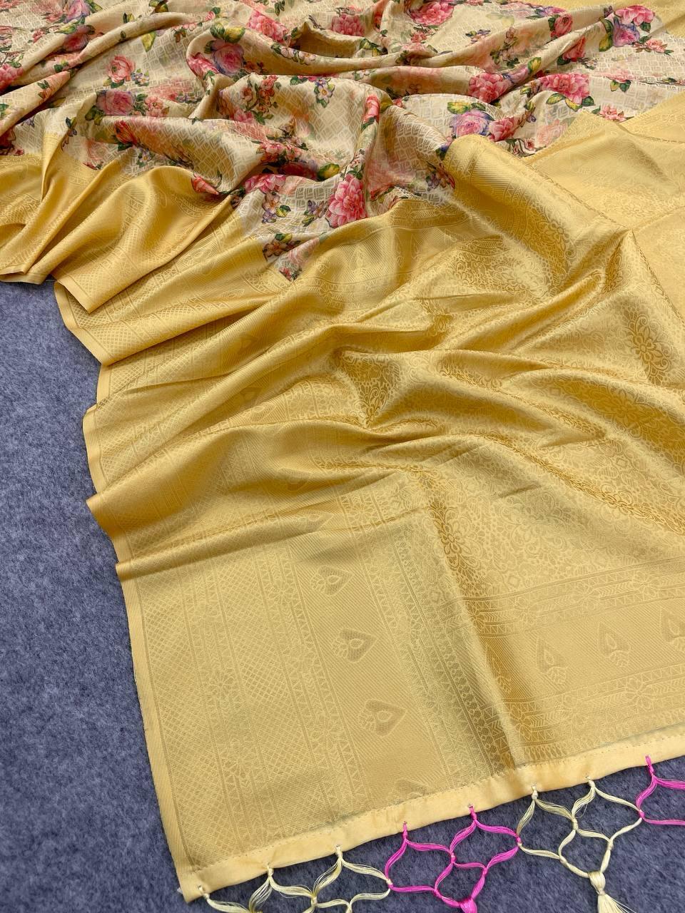 Resplendent Beige Color Digital Printed Soft Silk Saree With Blouse Piece