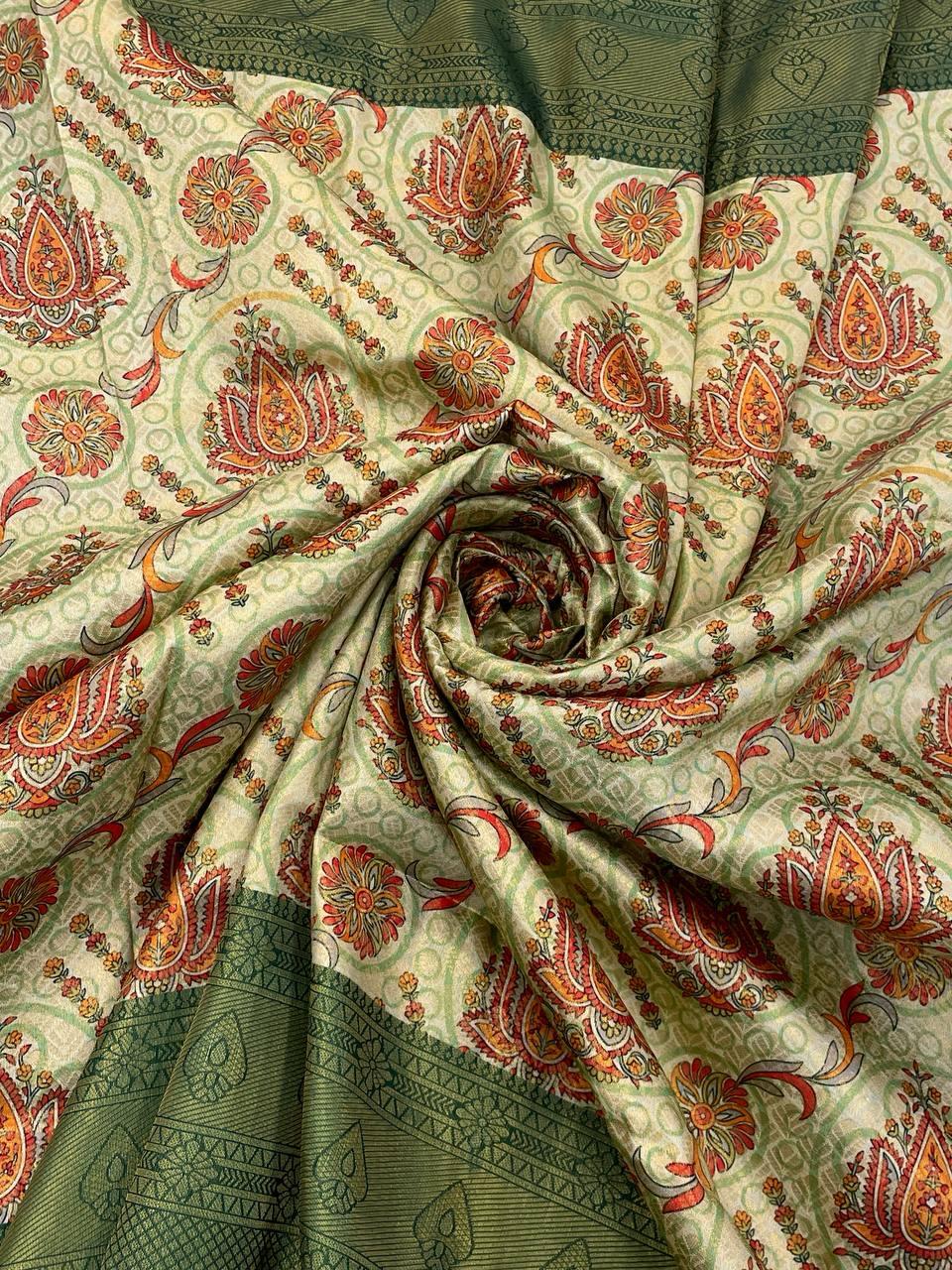 Lustrous Beige Color Digital Printed Soft Silk Saree With Blouse Piece