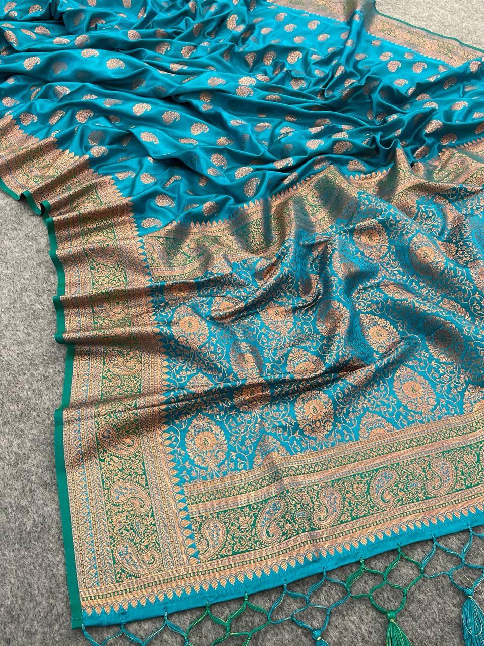 Elegance Firozi Color Banarasi Soft Silk Saree With Blouse Piece