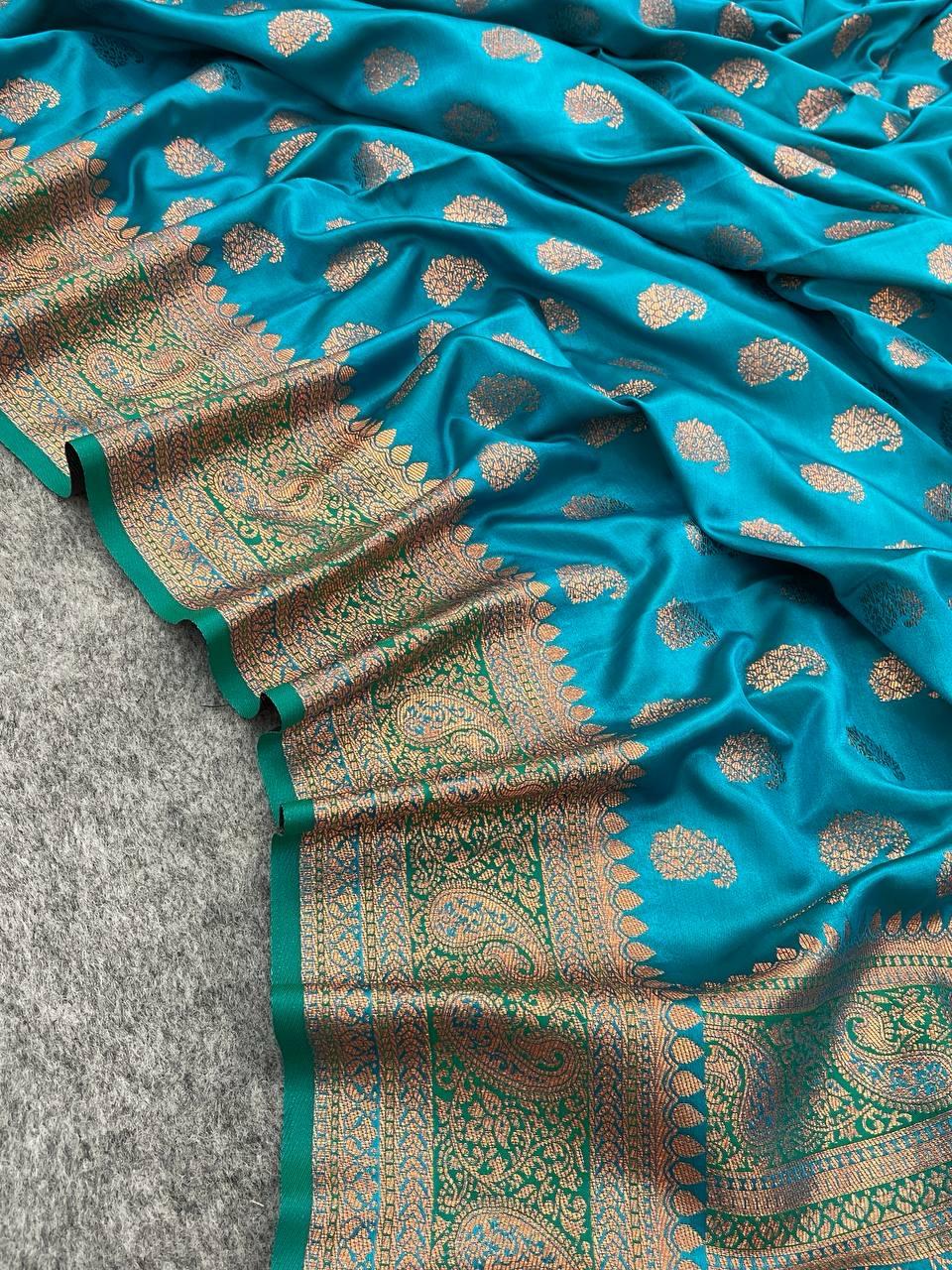 Elegance Firozi Color Banarasi Soft Silk Saree With Blouse Piece