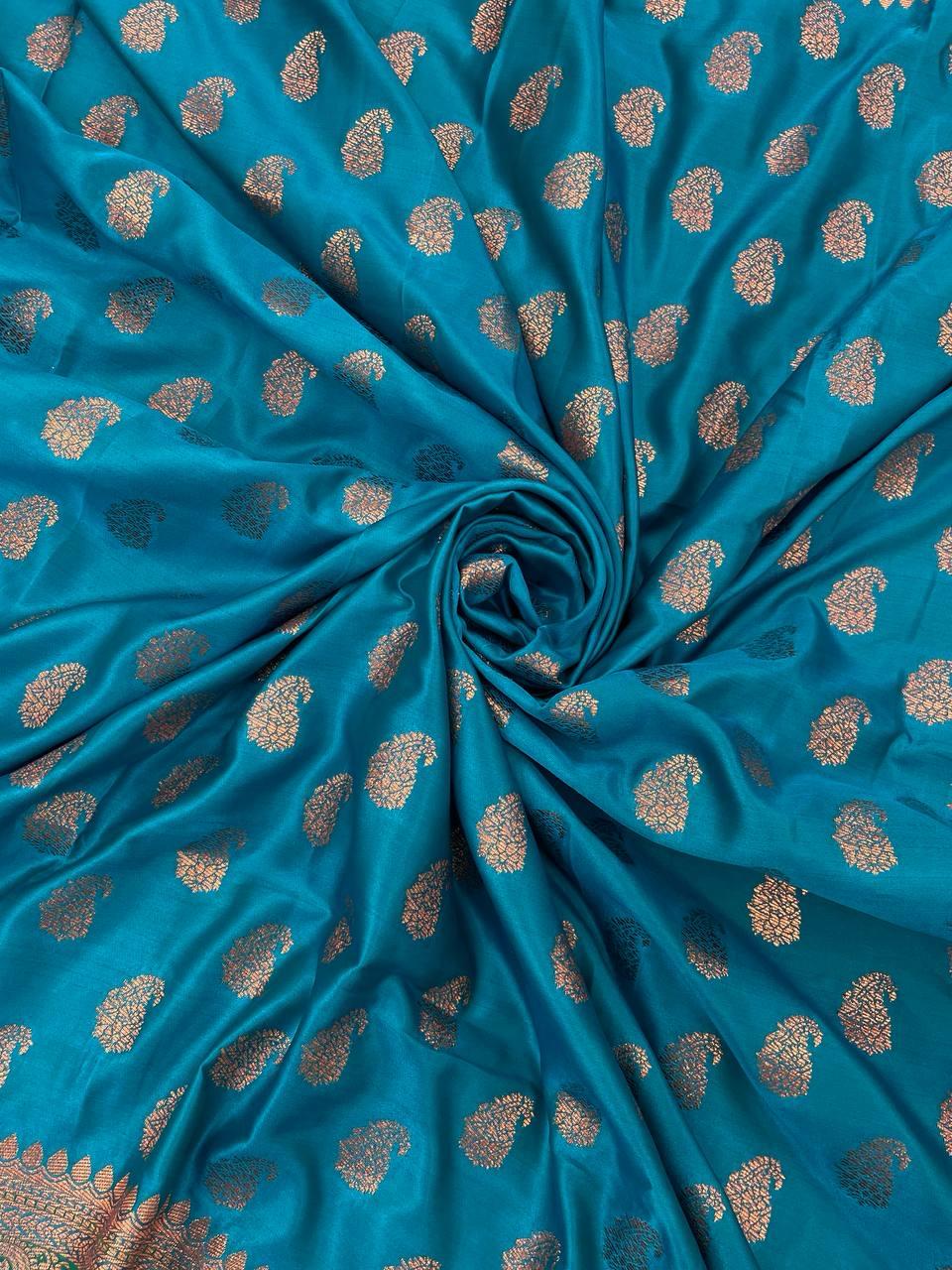 Elegance Firozi Color Banarasi Soft Silk Saree With Blouse Piece