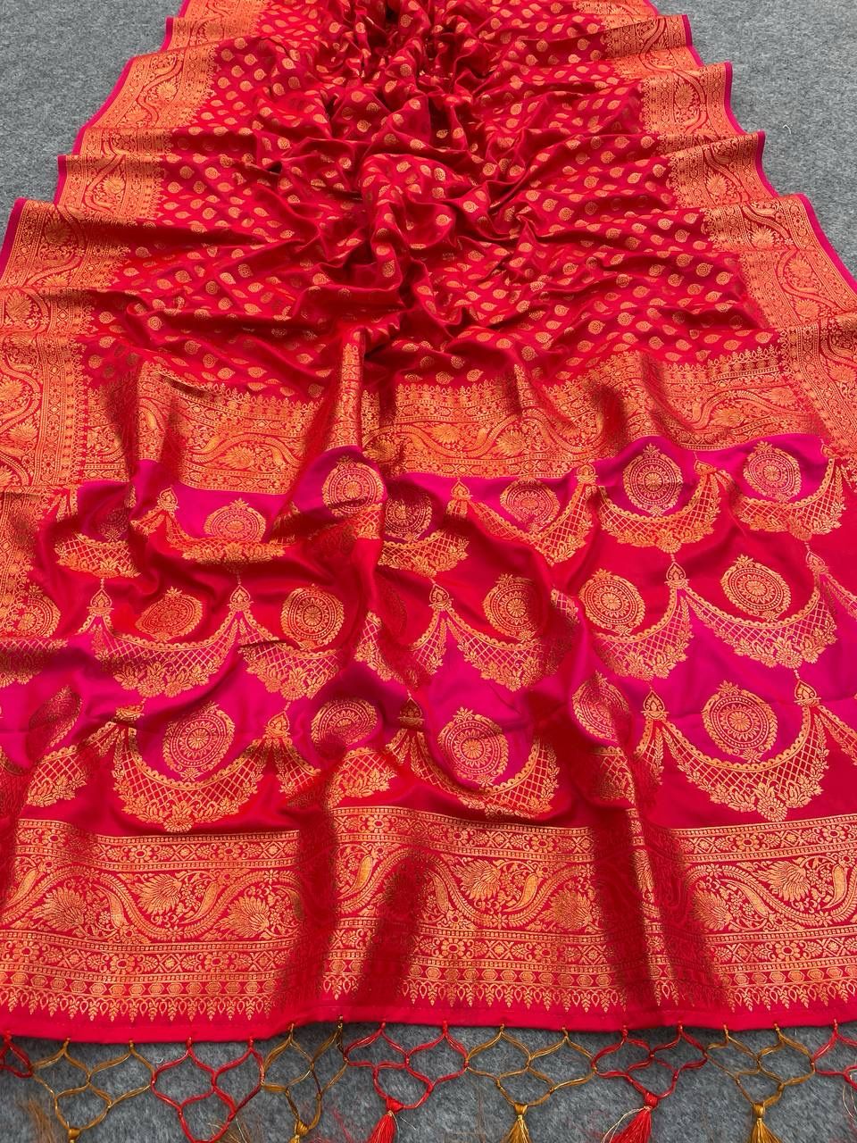 Scintillant Red Color Banarasi Soft Silk Saree With Blouse Piece