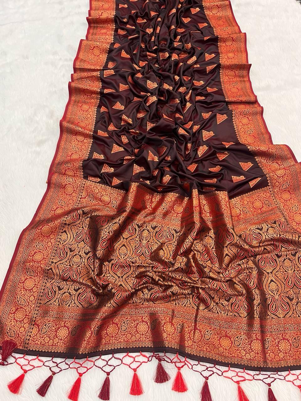 Mesmerizing Wine Color Banarasi Soft Silk Saree With Blouse Piece