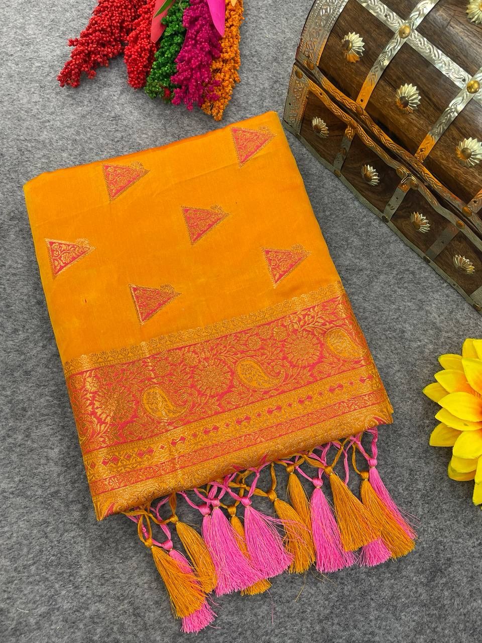 Lively Yellow Color Banarasi Soft Silk Saree With Blouse Piece