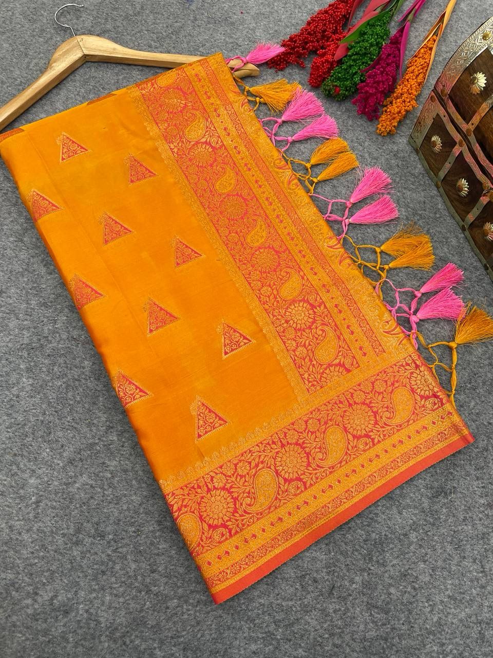 Lively Yellow Color Banarasi Soft Silk Saree With Blouse Piece