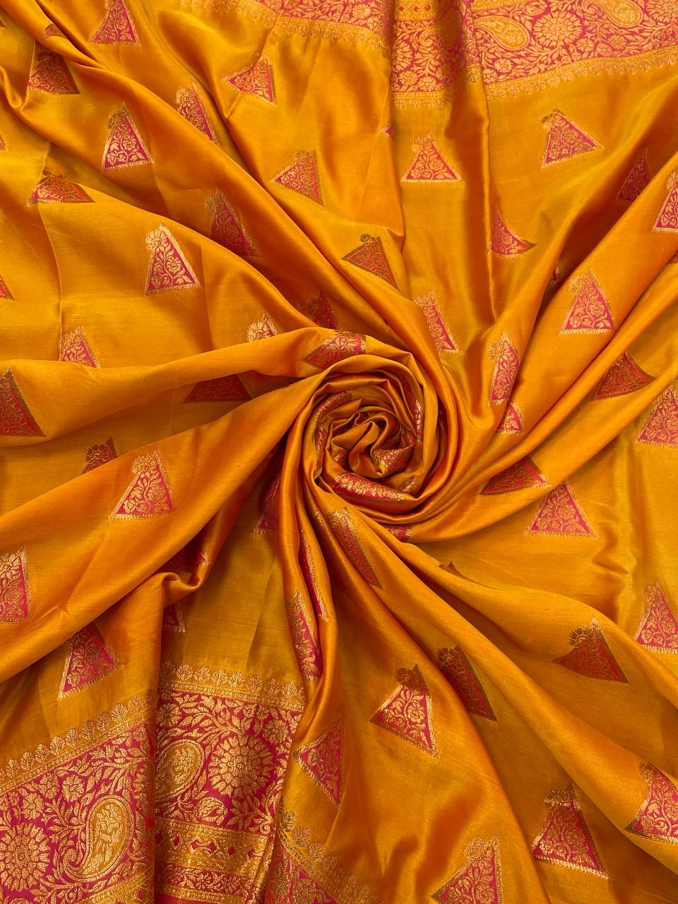 Lively Yellow Color Banarasi Soft Silk Saree With Blouse Piece