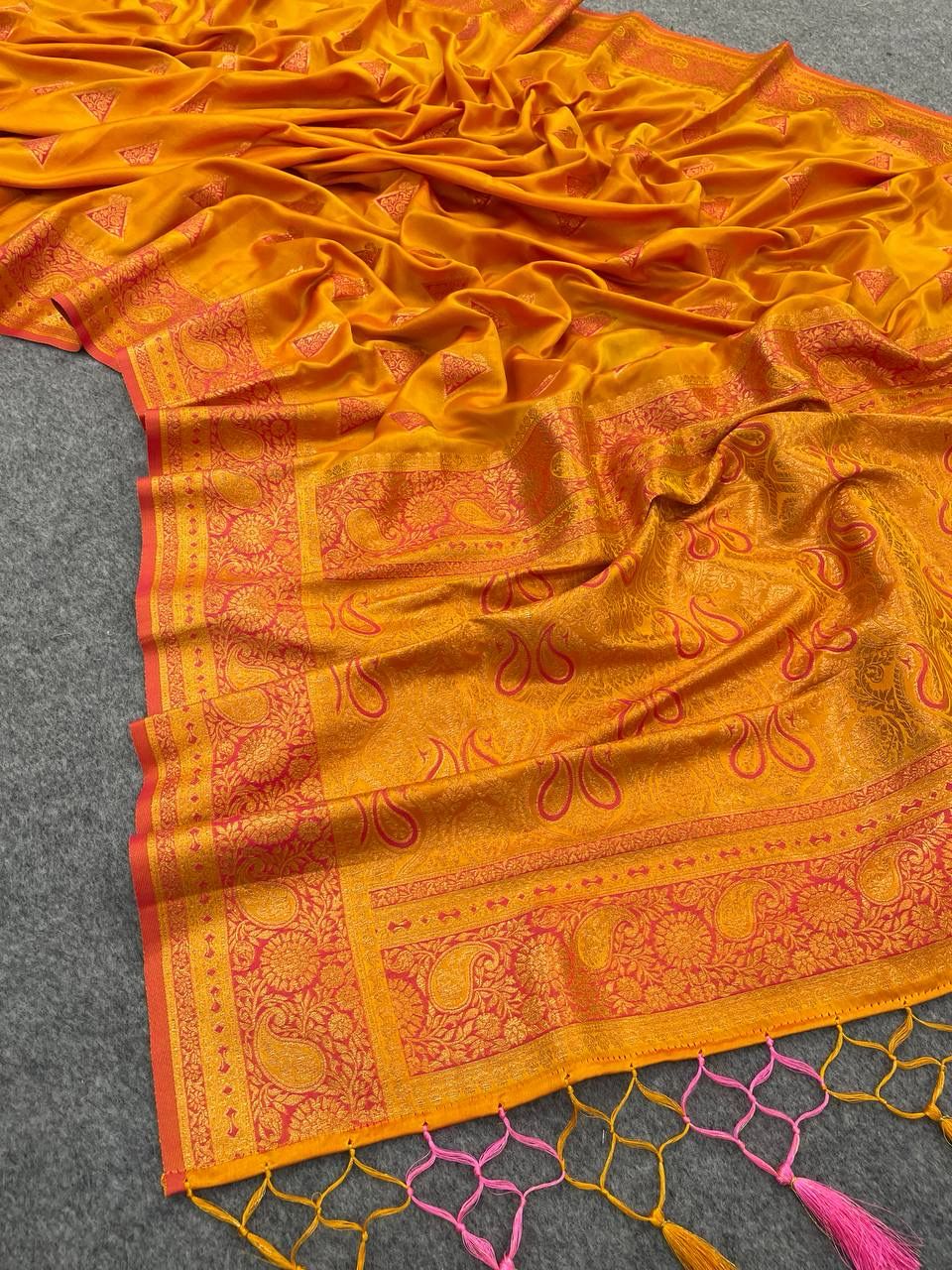 Lively Yellow Color Banarasi Soft Silk Saree With Blouse Piece