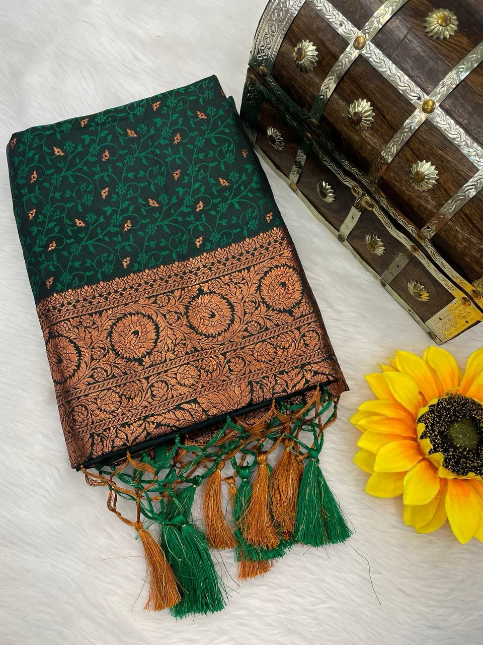 Breathtaking Dark Green Color Banarasi Soft Silk Saree With Blouse Piece