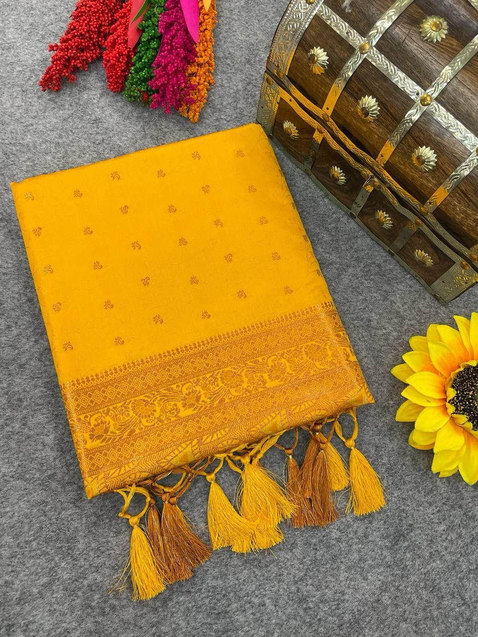 Exquisite Yellow Color Banarasi Soft Silk Saree With Blouse Piece