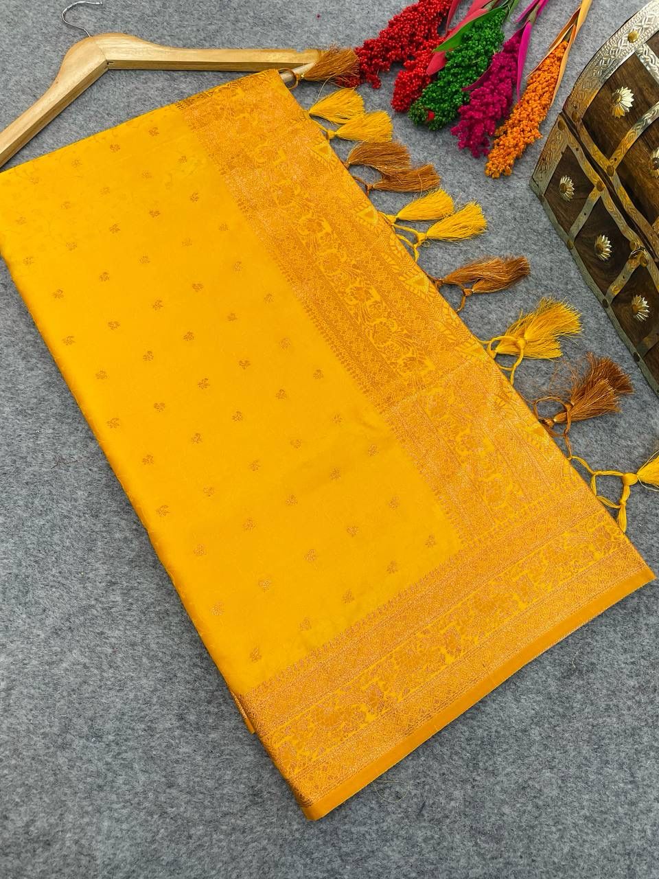 Exquisite Yellow Color Banarasi Soft Silk Saree With Blouse Piece