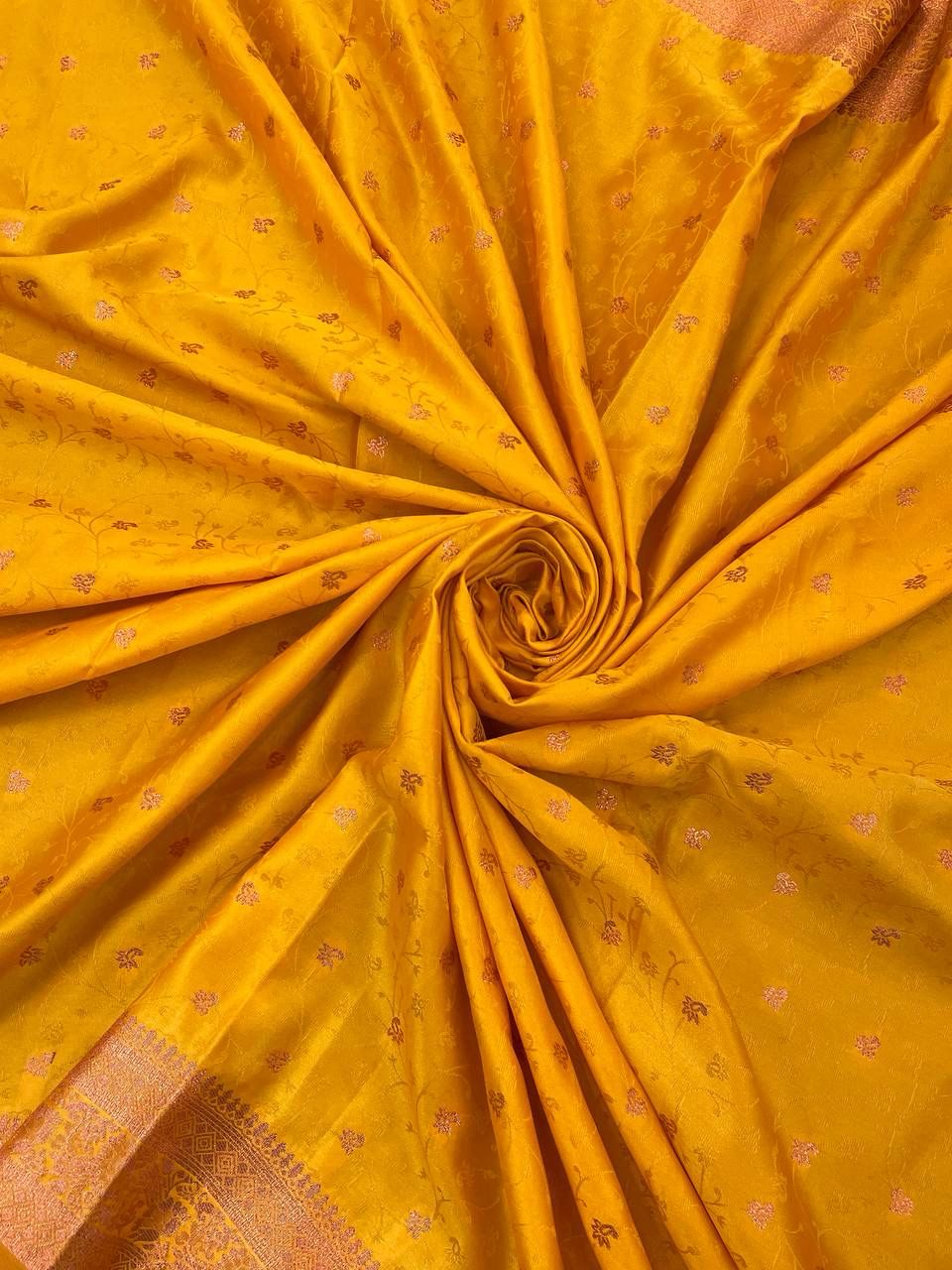 Exquisite Yellow Color Banarasi Soft Silk Saree With Blouse Piece