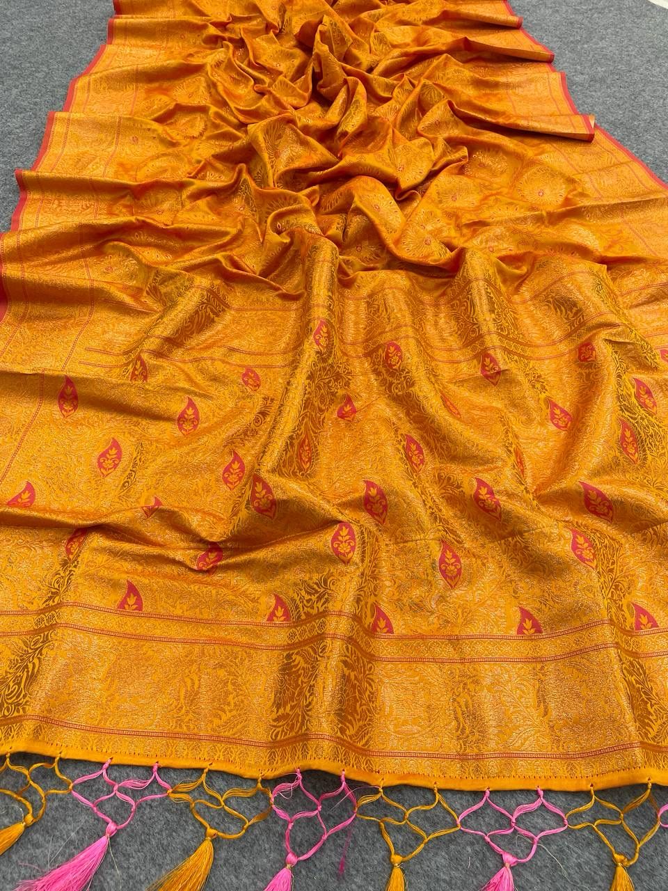 Stimulating Mustard Color Kanjivaram Silk Saree With Blouse Piece