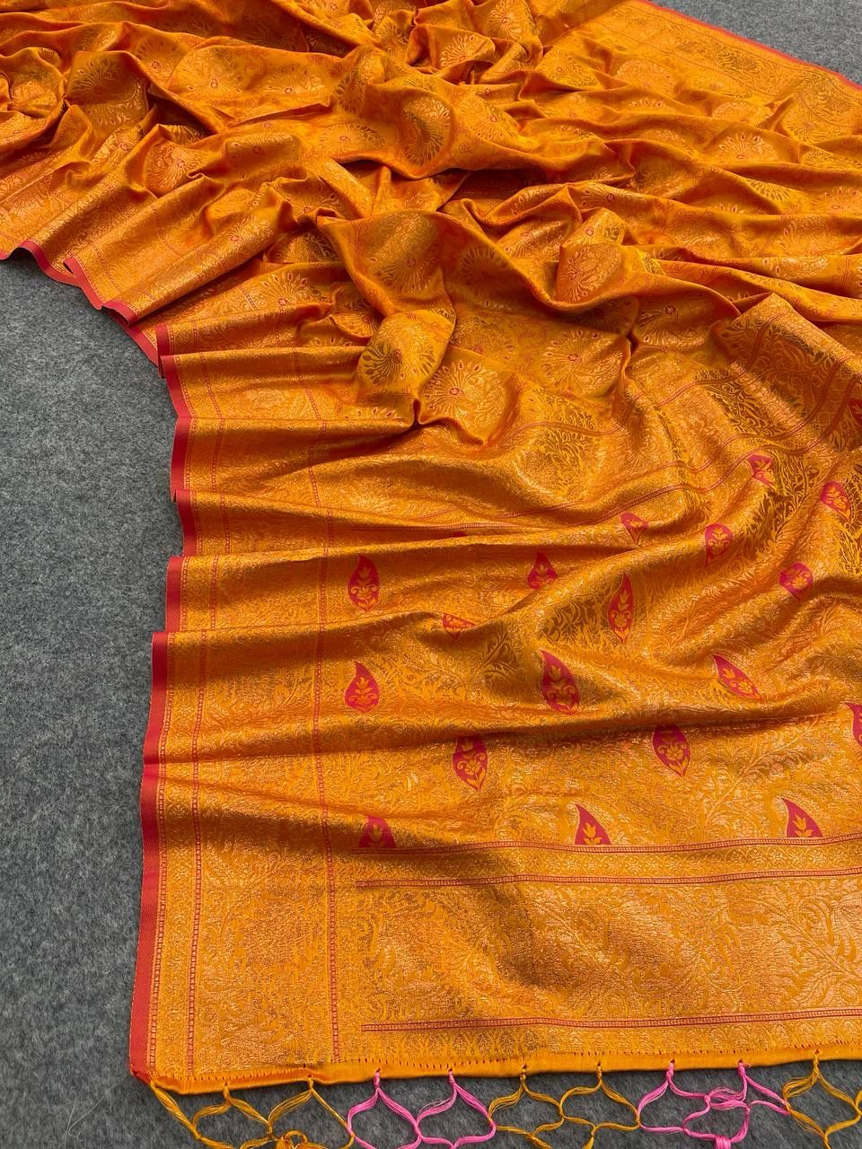 Stimulating Mustard Color Kanjivaram Silk Saree With Blouse Piece