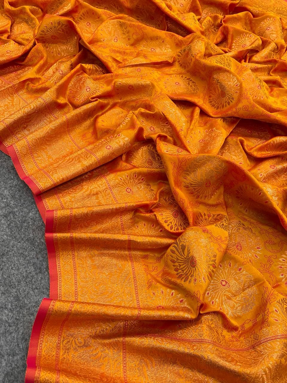 Stimulating Mustard Color Kanjivaram Silk Saree With Blouse Piece