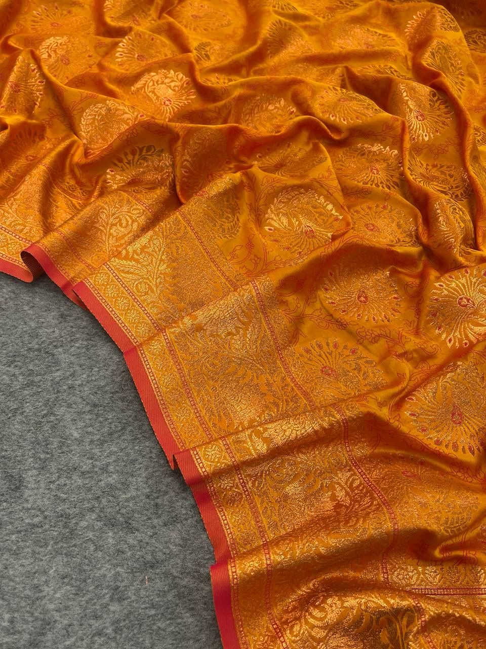 Stimulating Mustard Color Kanjivaram Silk Saree With Blouse Piece